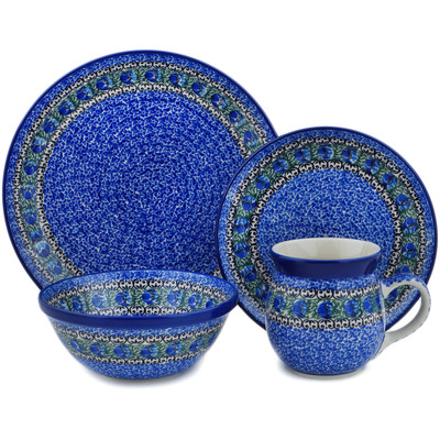 Polish Pottery 4-Piece Place Setting Peacock Feather
