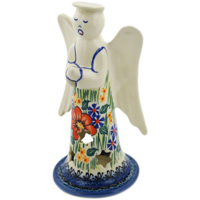 Polish Pottery Angel Candle Holder 9&quot; Wild Bouquet UNIKAT
