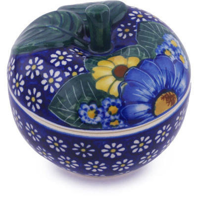 Polish Pottery Apple Shaped Jar 4&quot; Floral Fruit Basket UNIKAT