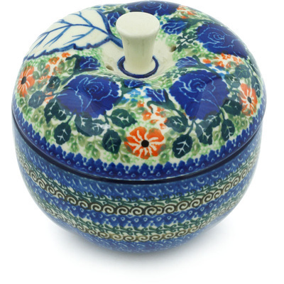 Polish Pottery Apple Shaped Jar 5&quot; Blue Rose Love UNIKAT
