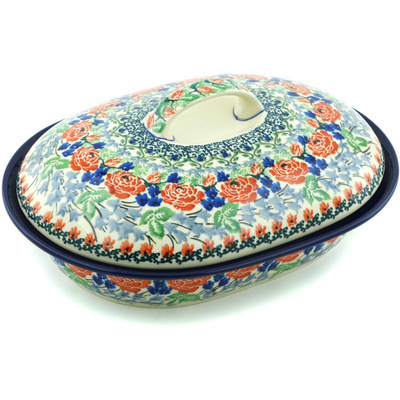 Polish Pottery Baker with Cover 10&quot; Bed Of Roses UNIKAT