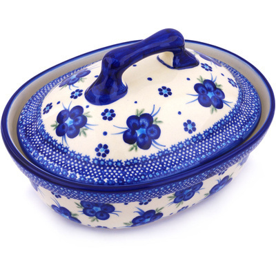 Polish Pottery Baker with Cover 10&quot; Bleu-belle Fleur