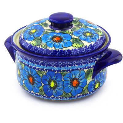 Polish Pottery Baker with Cover 10&quot; Bold Blue Poppies UNIKAT