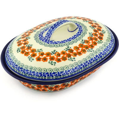 Polish Pottery Baker with Cover 10&quot; Orange Poppy Wreath
