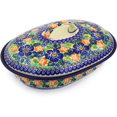Polish Pottery Baker with Cover 10&quot; Peach Daisies UNIKAT