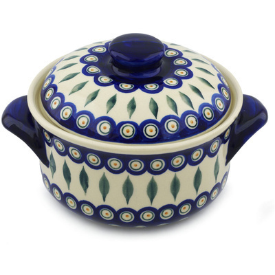 Polish Pottery Baker with Cover 10&quot; Peacock