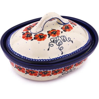 Polish Pottery Baker with Cover 10&quot; Poppies And Polka Dots