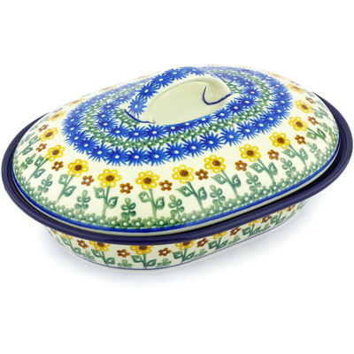 Polish Pottery Baker with Cover 10&quot; Ring Of Sunflowers