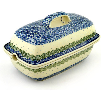Polish Pottery Baker with Cover 12&quot; Blue Swirl