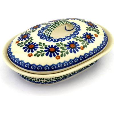 Polish Pottery Baker with Cover 8&quot; Blue Daisy Meadow