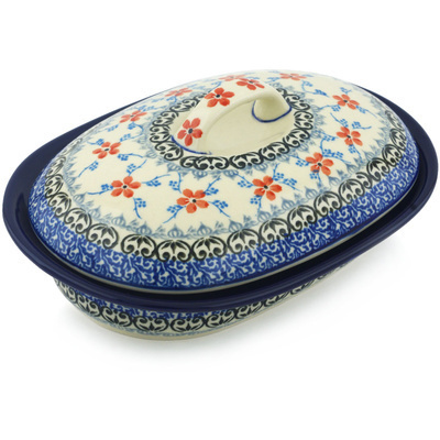 Polish Pottery Baker with Cover 8&quot; Floral Lattice