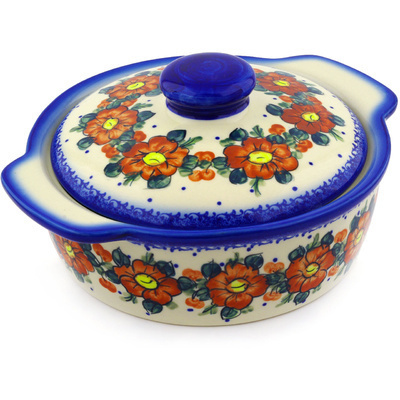 Polish Pottery Baker with Cover with Handles 11&quot; Autumn Pansies