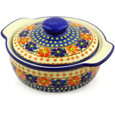 Polish Pottery Baker with Cover with Handles 11&quot; Paradise Poppy