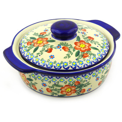 Polish Pottery Baker with Cover with Handles 11&quot; Peach Tudor Rose