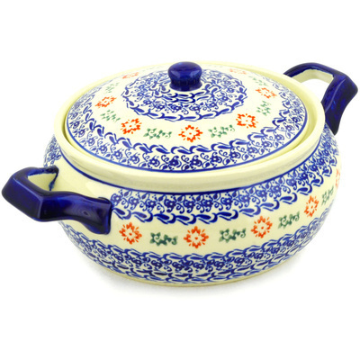 Polish Pottery Baker with Cover with Handles 12&quot; Holiday Flowers