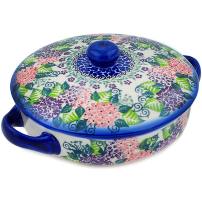 Polish Pottery Baker with Cover with Handles 8&quot; Happy Hydrangea UNIKAT