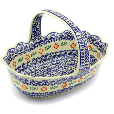 Polish Pottery Basket with Handle 11&quot; Holiday Flowers