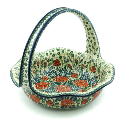 Polish Pottery Basket with Handle 11&quot; Rose Princess UNIKAT
