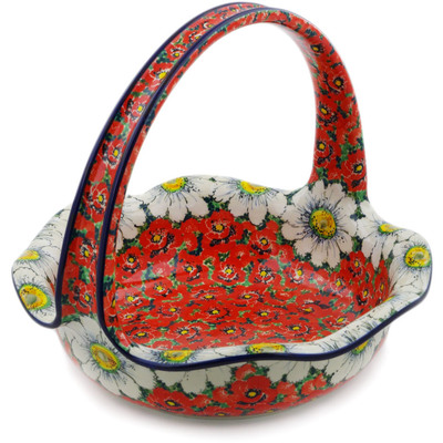 Polish Pottery Basket with Handle 11&quot; Sweet Red Petals UNIKAT