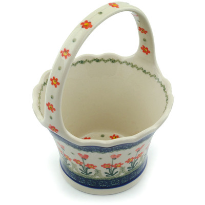 Polish Pottery Basket with Handle 8&quot; Peach Spring Daisy