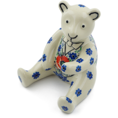 Polish Pottery Bear Figurine 5&quot; Hint Of Poppies UNIKAT