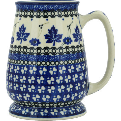 Polish Pottery Beer Mug 34 oz Blue Leaves UNIKAT
