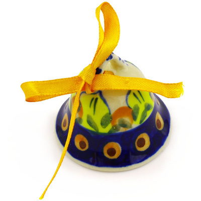 Polish Pottery Bell Ornament 2&quot; Sunflower Power UNIKAT