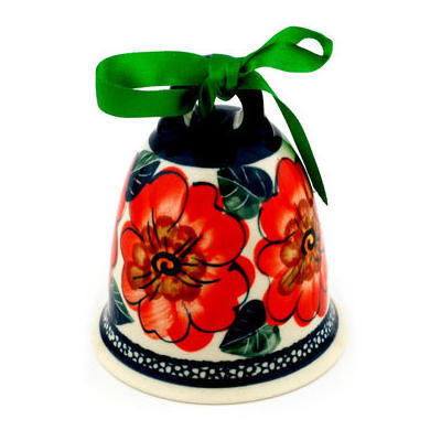Polish Pottery Bell Ornament 4&quot; Peach Poppies UNIKAT