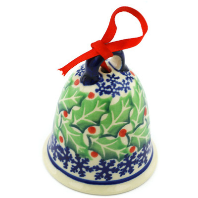 Polish Pottery Bell Ornament 4&quot; Snowflakes And Holly
