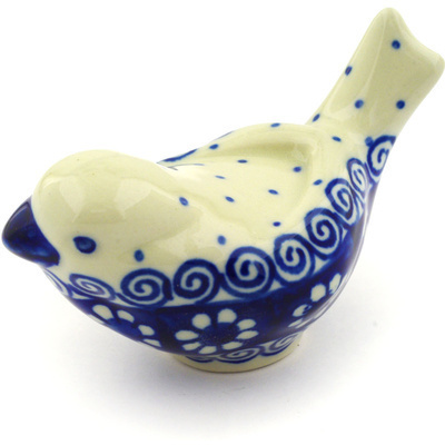 Polish Pottery Bird Figurine 4&quot; Blue Flowers And Lace