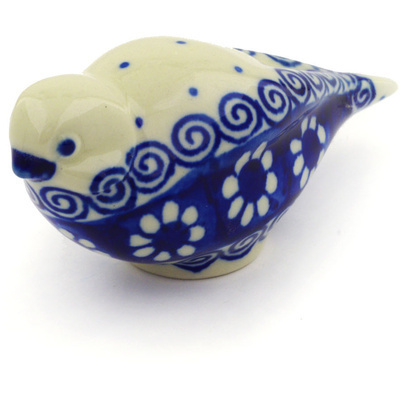 Polish Pottery Bird Figurine 4&quot; Blue Flowers And Lace