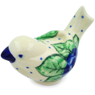 Polish Pottery Bird Figurine 4&quot; Blue Pansies UNIKAT