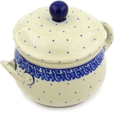 Polish Pottery Bouillon Cup with Lid 12 oz Blue Polka Dot