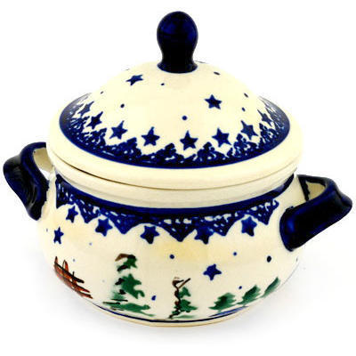 Polish Pottery Bouillon Cup with Lid 14 oz Winter Wonderland