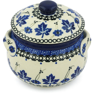 Polish Pottery Bouillon Cup with Lid 24 oz Blue Leaves UNIKAT