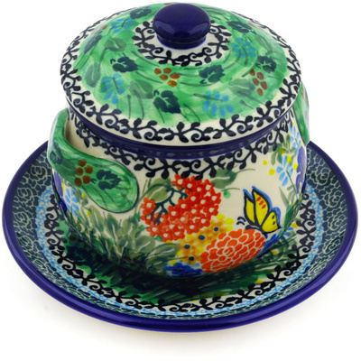 Polish Pottery Bouillon Cup with Lid and Saucer 13 oz Butterfly Garden UNIKAT