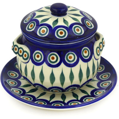 Polish Pottery Bouillon Cup with Lid and Saucer 13 oz Peacock Leaves