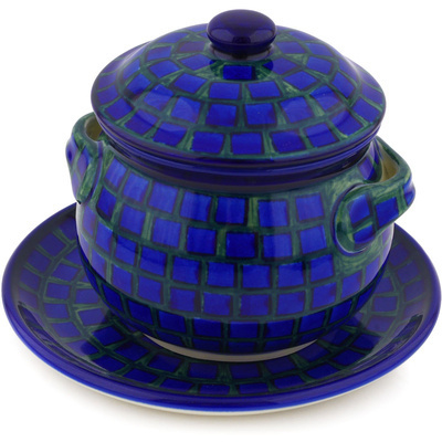 Polish Pottery Bouillon Cup with Lid and Saucer 13 oz Sapphire Mosaic UNIKAT