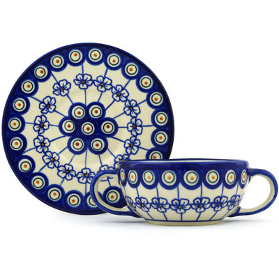 Polish Pottery Bouillon Cup with Saucer 13 oz Flowering Peacock