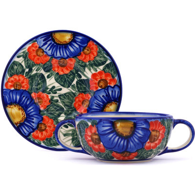 Polish Pottery Bouillon Cup with Saucer 13 oz Flowers In Bloom UNIKAT