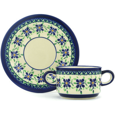 Polish Pottery Bouillon Cup with Saucer 13 oz Gingham Patchwork