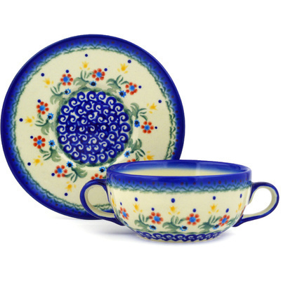 Polish Pottery Bouillon Cup with Saucer 13 oz Spring Flowers