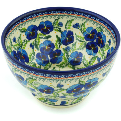 Polish Pottery Bowl 10&quot; Blooming Blue Pansies UNIKAT
