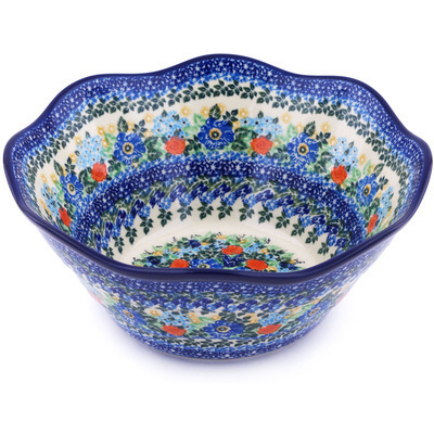 Polish Pottery Bowl 10&quot; Brilliant Blue Bouquet UNIKAT