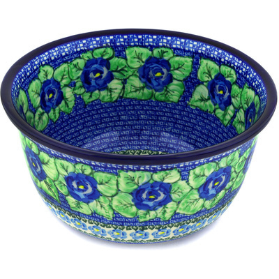 Polish Pottery Bowl 11&quot; Blue Pansies UNIKAT