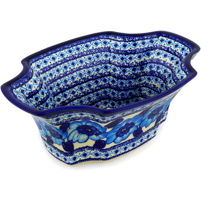 Polish Pottery Bowl 11&quot; Bright Blue Poppies UNIKAT