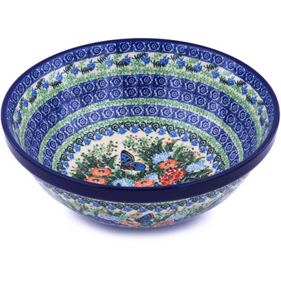 Polish Pottery Bowl 11&quot; Butterfly Blue UNIKAT