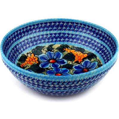 Polish Pottery Bowl 11&quot; Corn In The Blue UNIKAT