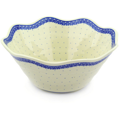 Polish Pottery Bowl 12&quot; Blue Polka Dot