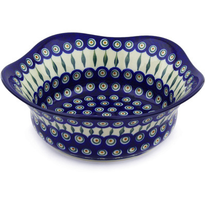 Polish Pottery Bowl 12&quot; Peacock Leaves
